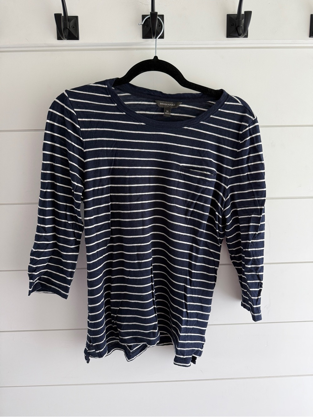 Banana Republic Navy and White Striped Long Sleeve Tee, Size Medium
